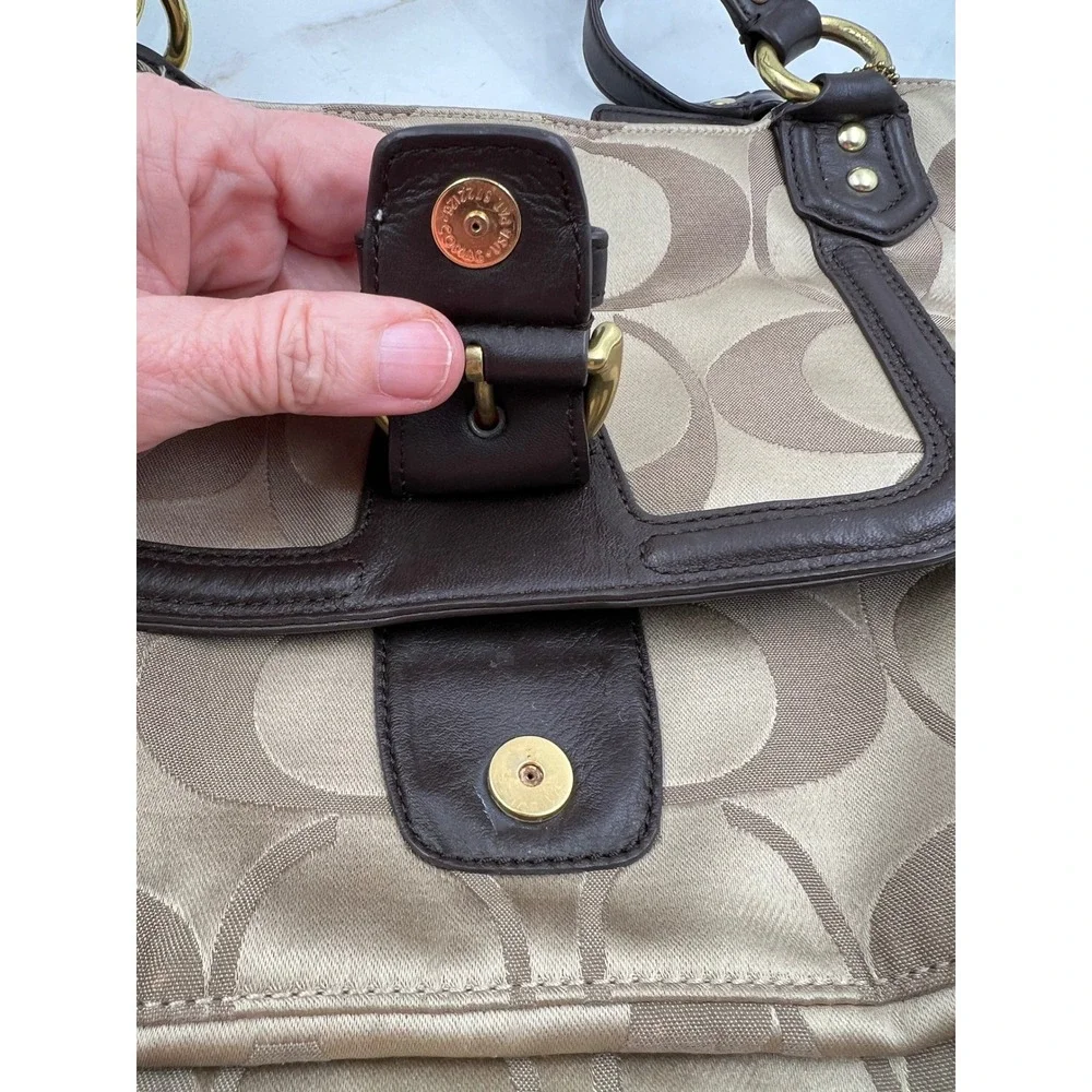 Coach Campbell Signature Belle Carryall Tote Tan Brown Leather Trim Tote